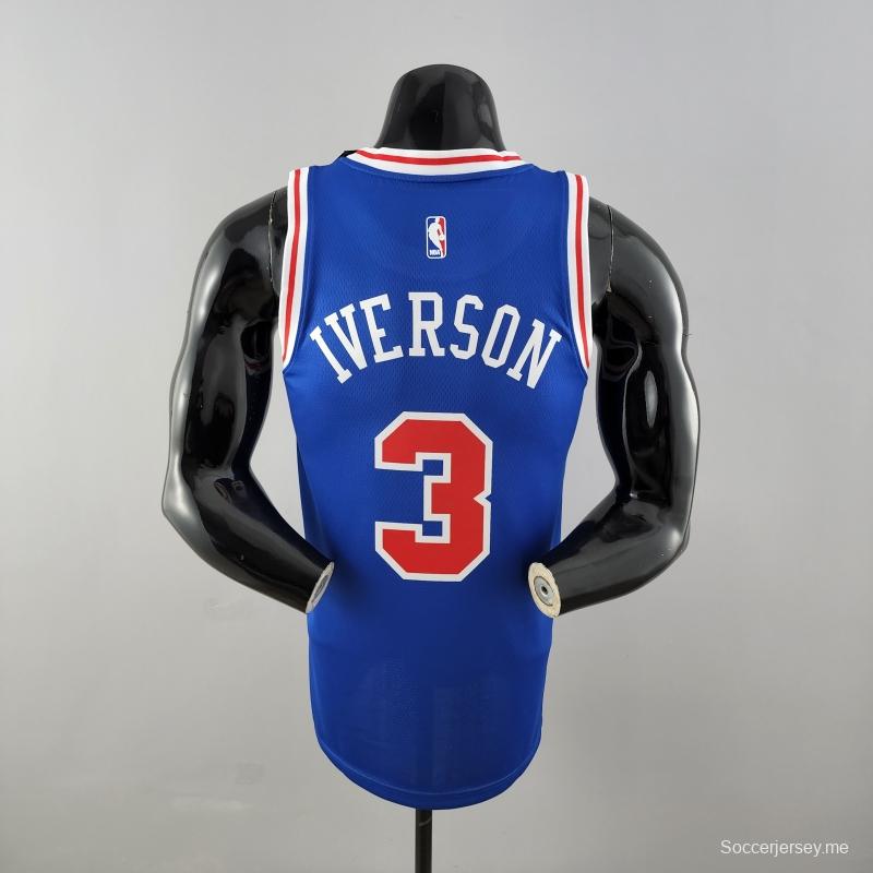 قميص ريترو فيلادلفيا 76ers Iverson # 3 برقبة عنق أزرق من قميص الدوري الأمريكي للمحترفين
