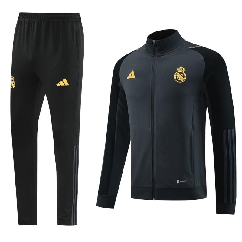 23/24 ريال مدريد جاكيت + بنطلون بسحاب كامل رمادي/أسود + بنطلون رمادي/أسود
