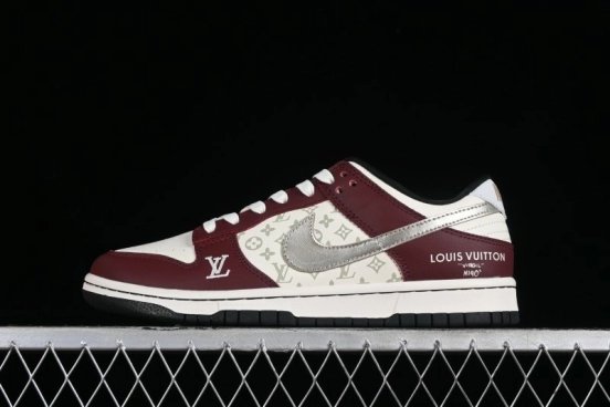 Louis Vuitton x Nike Dunk Low Customized Sneakers - Burgundy with Silver Swoosh SB Low Top Casual Skate Shoes - FC1688-188