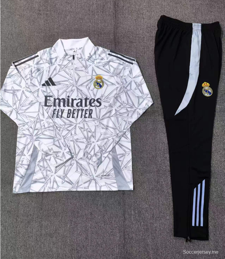 24/25 أطفال 24/25 ريال مدريد أبيض خاص نصف سحاب جاكيت أبيض + بنطلون طويل + بنطلون طويل