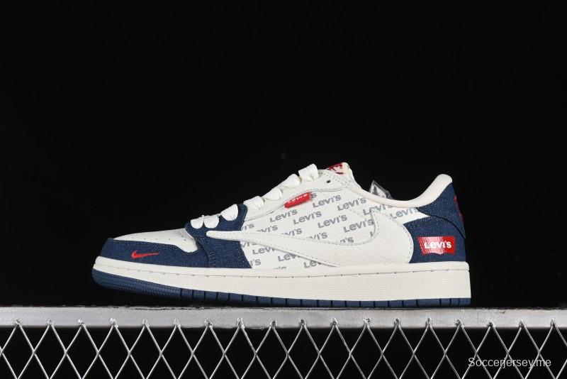 Nike Travis Scott x Fragment Design x Air Jordan 1 Low OG SP AJ1 Levi's Collaboration - White Blue Canvas Low Top Casual Sneakers - JH6088-605