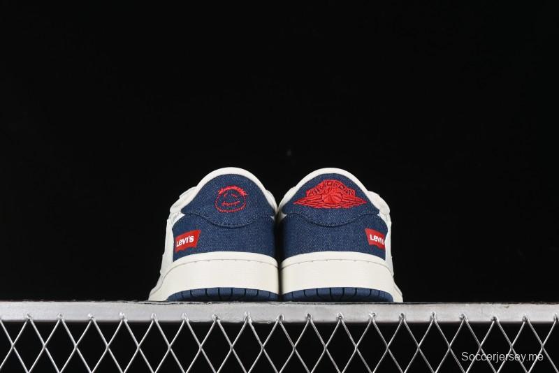 Nike Travis Scott x Fragment Design x Air Jordan 1 Low OG SP AJ1 Levi's Collaboration - White Blue Canvas Low Top Casual Sneakers - JH6088-605