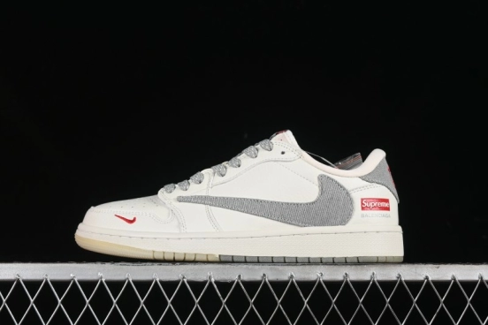 Nike Travis Scott x Fragment Design x Air Jordan 1 Low OG SP AJ1 Supreme Collaboration - Light Grey Denim Two-Tone Low-Top Casual Sneakers - JH6088-705