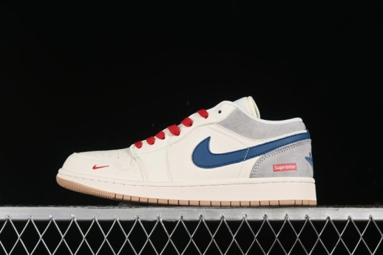 Nike Air Jordan 1 Low Supreme Collaboration - Retro Basketball Shoes in Blue and Gum Sole - SJ9950-022