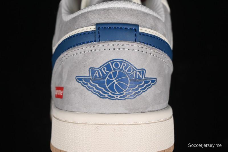 Nike Air Jordan 1 Low Supreme Collaboration - Retro Basketball Shoes in Blue and Gum Sole - SJ9950-022