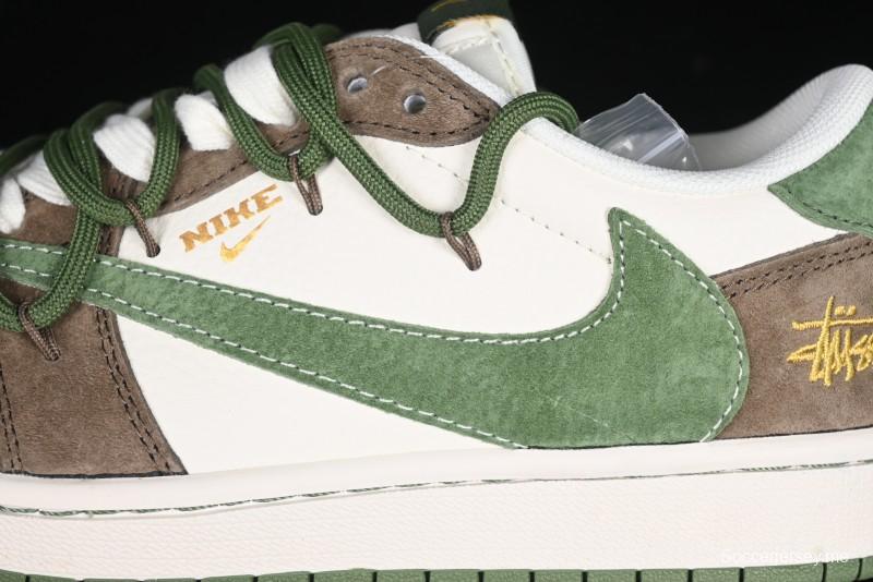 Nike Travis Scott x Fragment Design x Air Jordan 1 Low OG SP AJ1 Stussy Collaboration Suede Green Low Top Casual Sneakers - XS3186-202