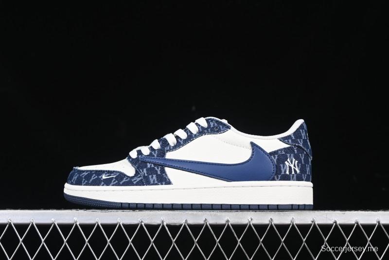 Nike Travis Scott x Fragment Design x Air Jordan 1 Low OG SP AJ1 MLB Collaboration White Blue Denim Low-top Casual Sneakers - DM7866-051