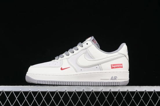 Nike Air Force 1 '07 Low Supreme Collaboration Beige Grey with Red Swoosh Casual Sneakers - BB7518-011