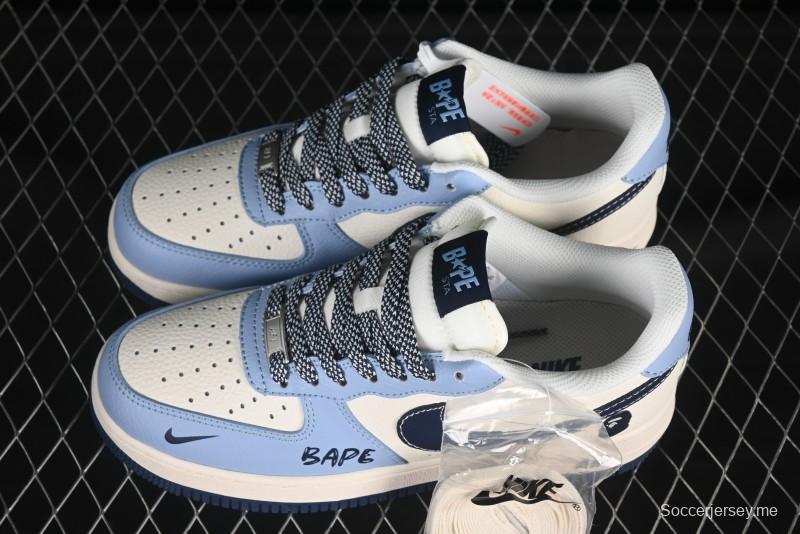 Nike Air Force 1 '07 Low Bape Collaboration Light Blue Swoosh Casual Sneakers - XS1958-554