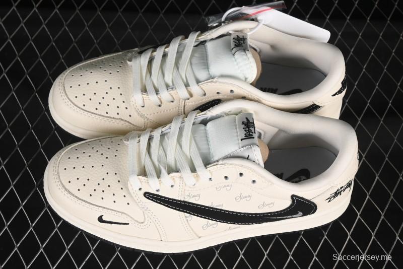 حذاء نايك ترافيس سكوت x Fragment Design x Air Jordan 1 OG Low OG SP AJ1 AJ1 Stussy Collaboration باللون البيج الأسود مع شارة عكسية ذات تصميم منخفض كاجوال - XS2024-043