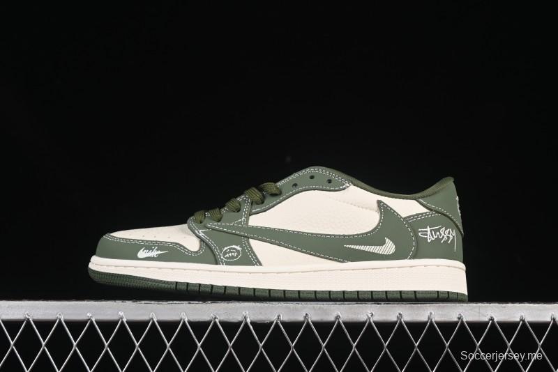 حذاء نايك ترافيس سكوت x Fragment Design x Air Jordan 1 OG Low OG SP AJ1 AJ1 Stussy Collaboration Oil Green Swoosh Sneakers Low Top كاجوال - XS2024-025