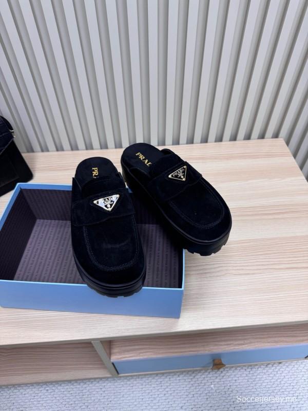 2025 Women Prada Black Suede Loafers Slip-On KFY00280