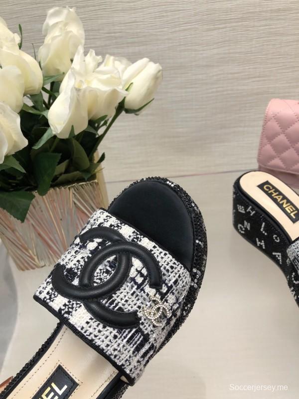 2025 Women Chanel Black White Tweed Platform Sandals LY00320