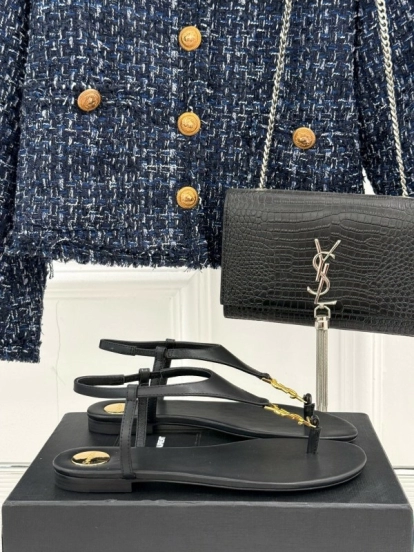 2025 Women Yves Saint Laurent Black Leather Sandals KFY00270