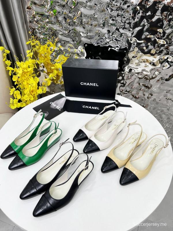 2025 Women Chanel Green Black Leather Slingback Flats