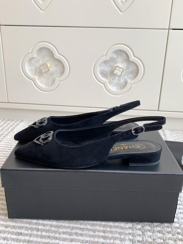2025 Women Chanel Black Suede Slingback Heart Logo Flats KFY00300