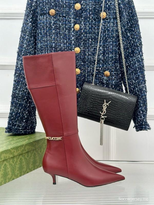 2024 Women Gucci Wine Leather Knee High Boots Chain Link MJ00550