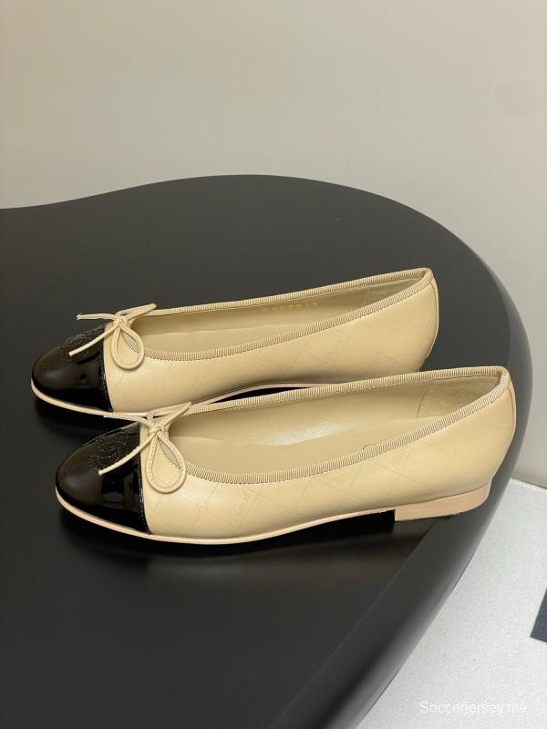 2025 Women Chanel Beige Black Leather Ballet Flat Bow