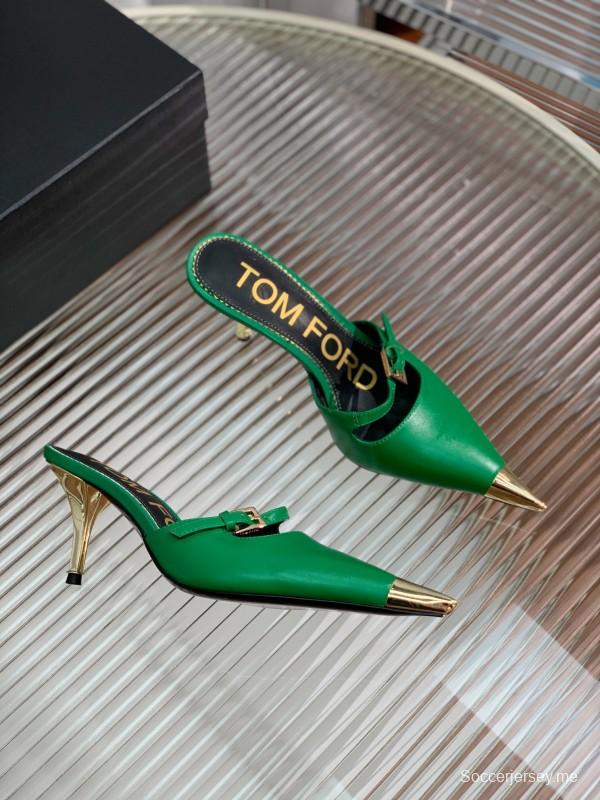 2025 Women TOM FORD Green Gold Leather Pointed Toe Mules KFY00300