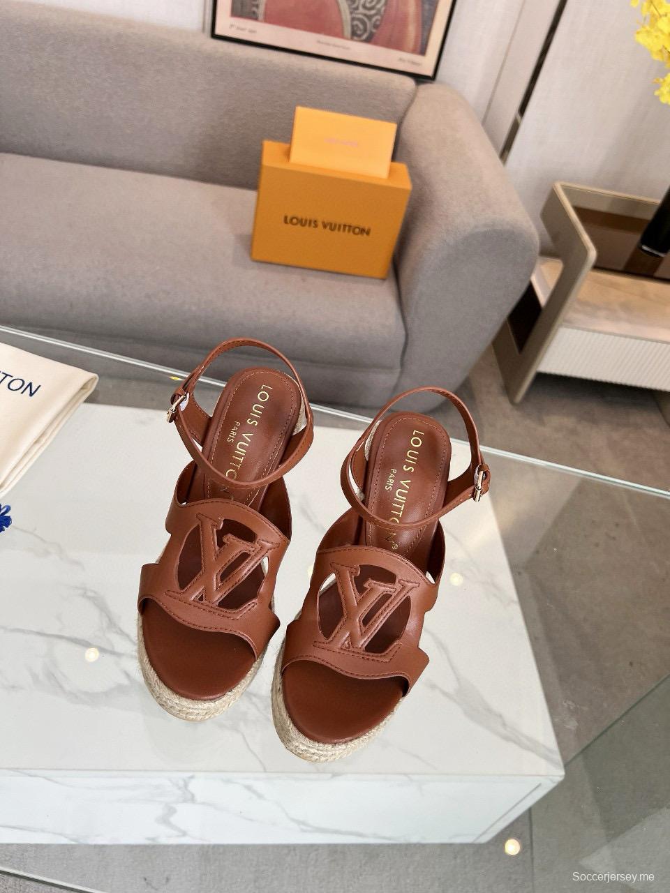 2025 Women Louis Vuitton Brown Leather Espadrilles Sandals MJ00280
