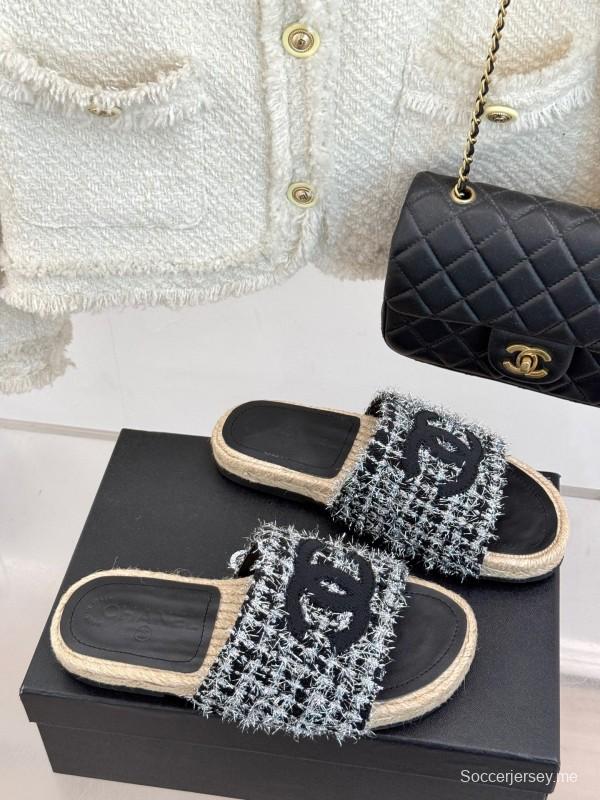 2025 Slippers Chanel Black White Tweed Espadrille Handcrafted KFY00230