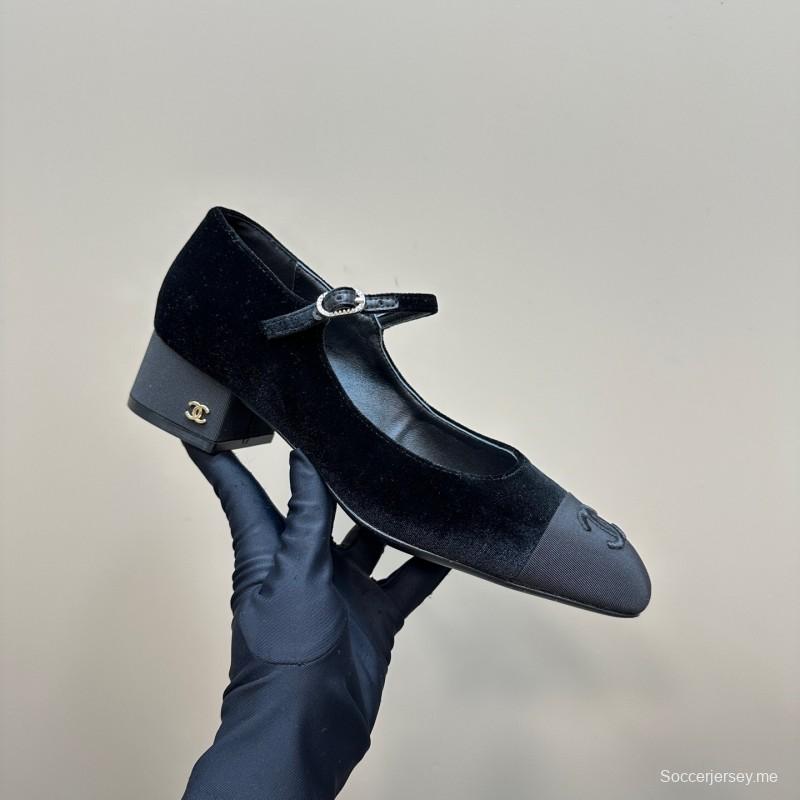 2025 Women Chanel Black Velvet Leather Mary Jane