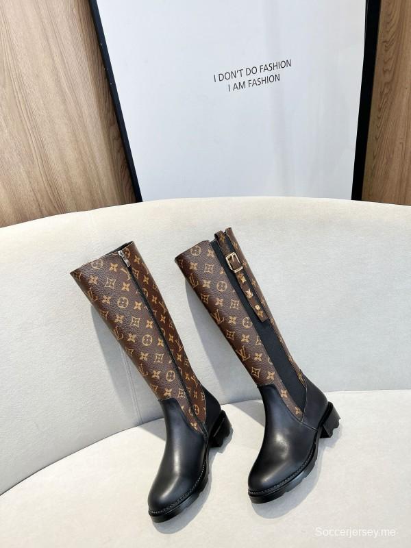 2024 Women Louis Vuitton Brown Black Leather Canvas Boots MJ00430