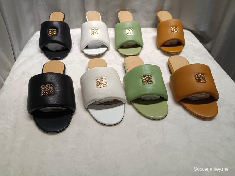 2025 Women Loewe Green Leather Slippers