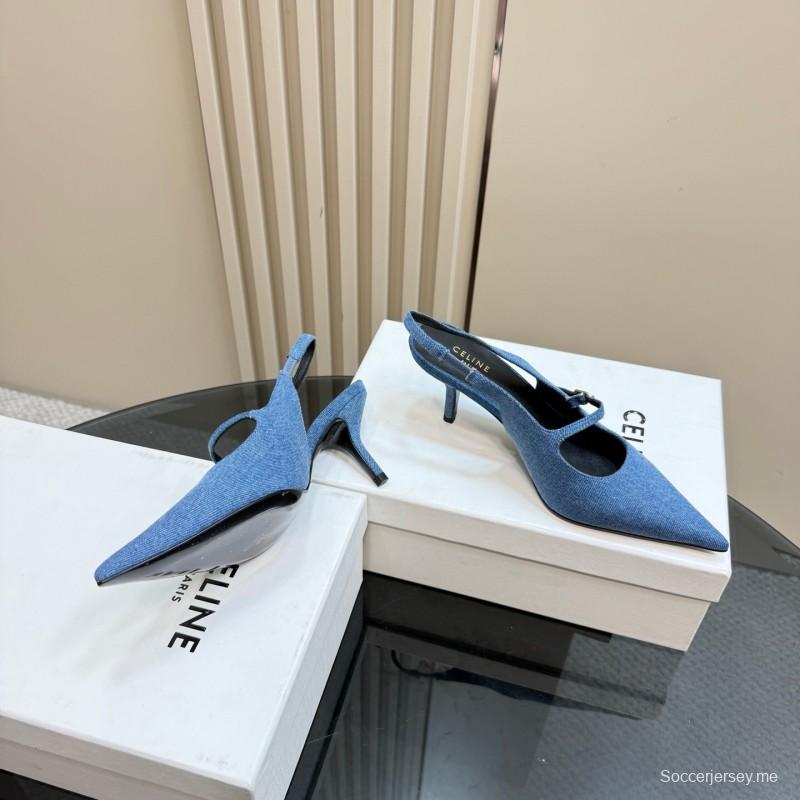 2025 Women CELINE Blue Denim Suede Slingback Pumps KFY00290