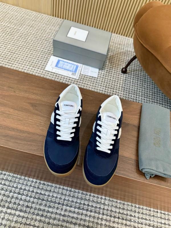 2025 Men TOM FORD Navy White Suede Leather Sneakers LY00360