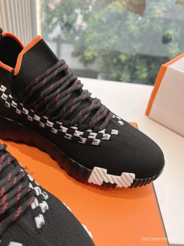 2024 Unisex Hermès Black Orange Calf Suede Knit Sneakers MJ00290(W/M)