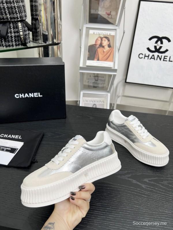 2025 Women Chanel White Silver Suede Leather Sneakers LY00270