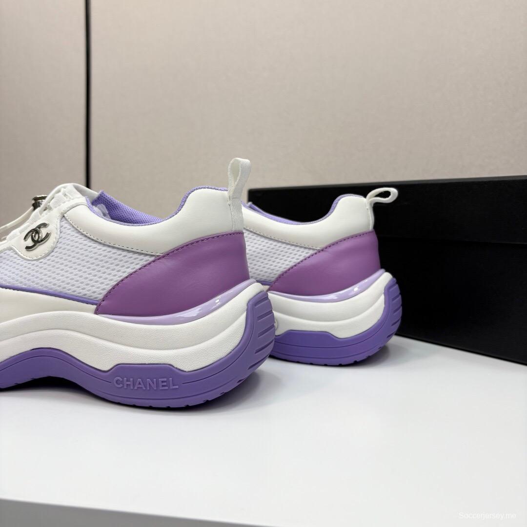 2025 Women Chanel White And Purple Leather And Mesh Casual Sneakers Chunky Sole Classic Logo LY00360(F)