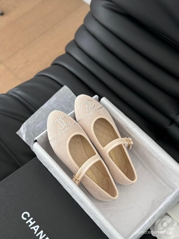 2025 Women Chanel Beige Fabric Mary Jane Embroidery LY00280