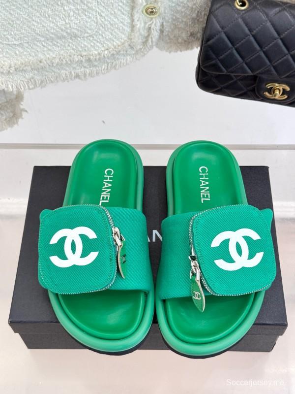 2025 Slippers Chanel Green Canvas Women Slippers KFY00220