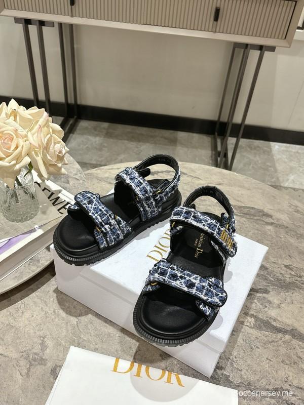 2025 Women Dior Black Blue White Fabric Leather Sandals KFY00300