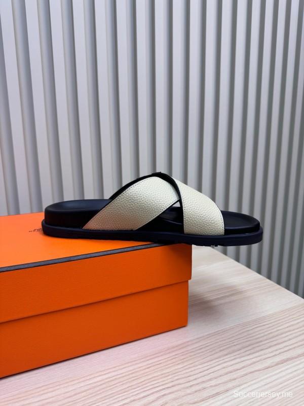 2025 Slippers Hermès Black Ivory Leather Cross Strap