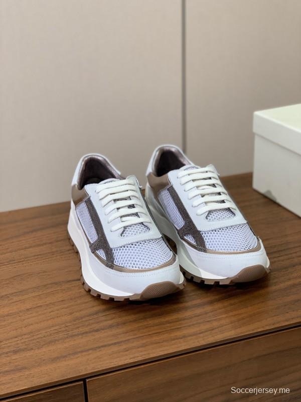 2025 Women Brunello Cucinelli White Silver Mesh Leather Sneakers