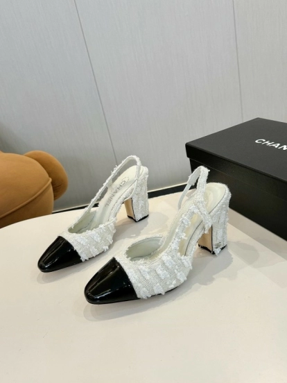 2025 Women Chanel White Black Leather Tweed Slingback Block Heel LY00270