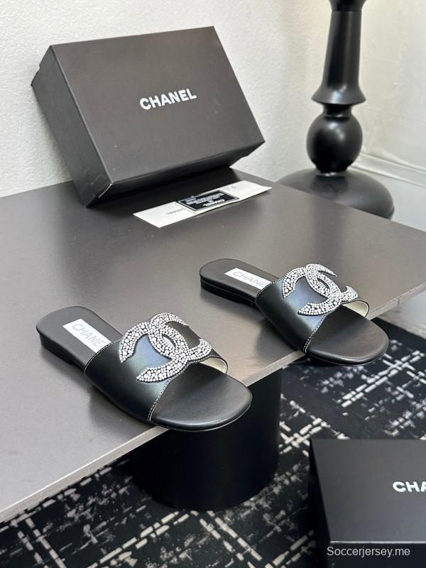 2025 Women Chanel Black Leather Rhinestone Logo Slide Sandals LY00360(F)