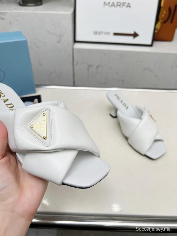2025 Women Prada White Calf Leather Heeled Slide LY00270