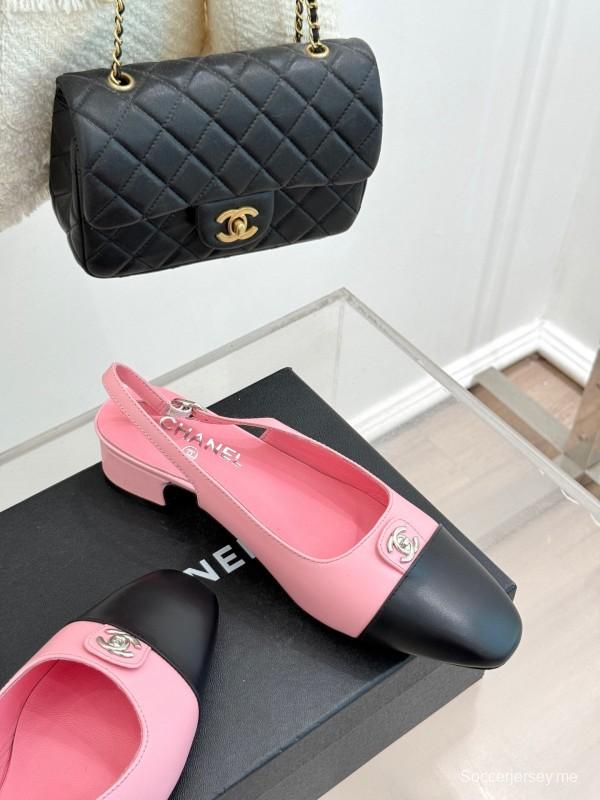 2025 Women Chanel Pink Black Leather Slingback Low Heel KFY00280