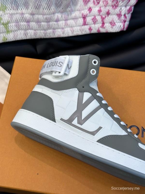 2024 Men Louis Vuitton White Grey Leather Canvas High Top Classic Sneakers MJ00420