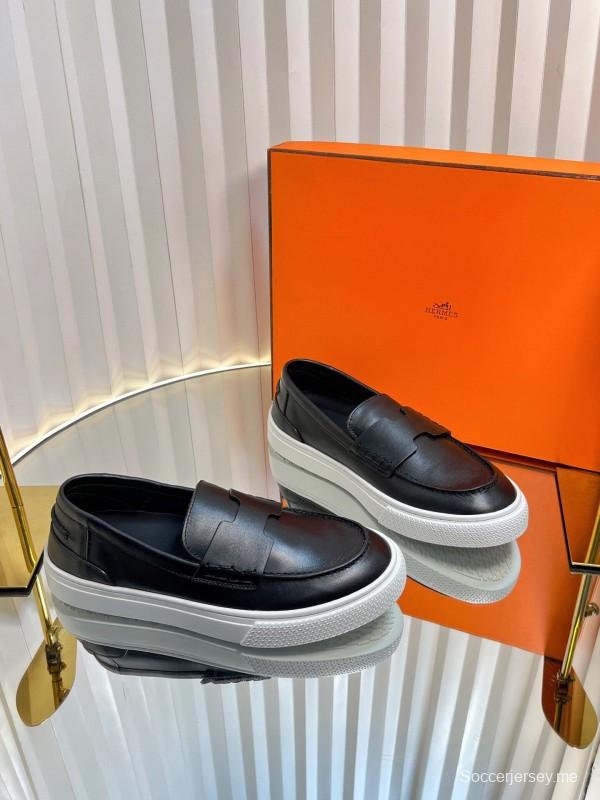 2025 Unisex Hermès Black Leather Fabric Loafers Slip-On LY00310(F)/LY00320(M)