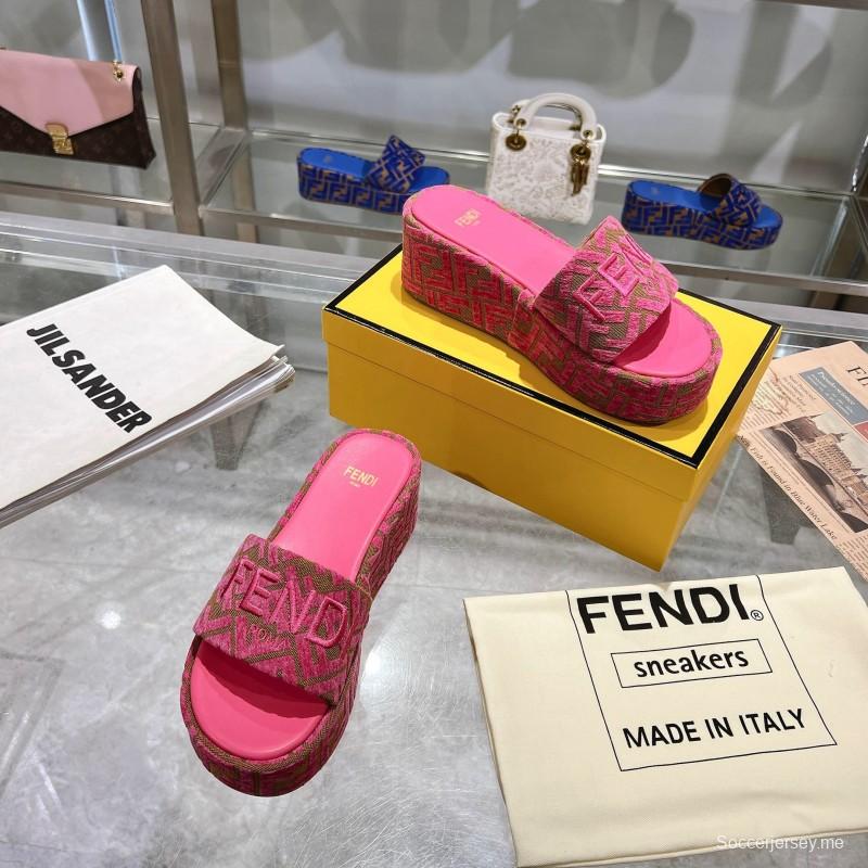 2025 Women Fendi Pink Canvas Slippers FF Jacquard KFY00240