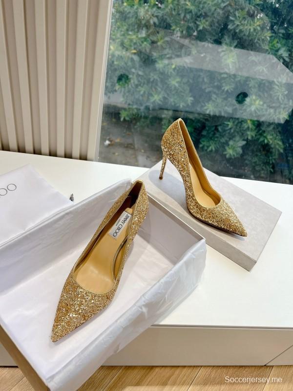 2025 Women Jimmy Choo Gold Crystal Leather Heels KFY00280
