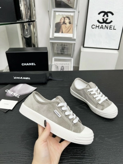 2025 Women Chanel Grey Canvas Leather Casual Sneakers LY00230