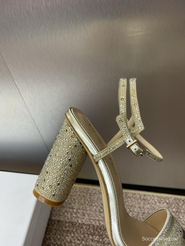 2025 Women Dior Gold Crystal Embellished Leather Sandals KFY00320