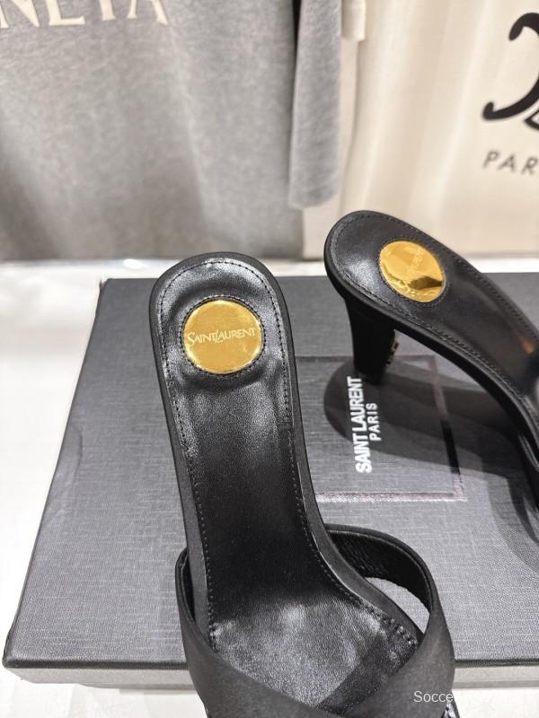 2025 Women Yves Saint Laurent Black Leather High Heel Slide Sandals With Gold Medallion Detail - LY00360(F)