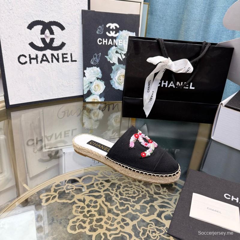 2025 Women Chanel Black Canvas Espadrille Sequins Mule